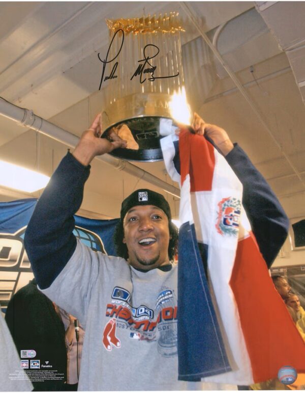 Pedro Martinez Boston Red Sox Autographed 16" x 20" Holding World Series Trophy Photograph