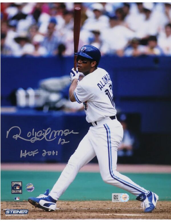 Roberto Alomar Toronto Blue Jays Autographed 8" x 10" White Jersey Swinging Photograph with "HOF 2011" Inscription - Silver Ink