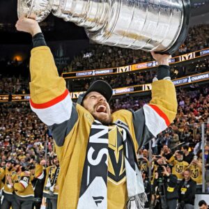 Shea Theodore Vegas Golden Knights Unsigned 2023 Stanley Cup Champions Raising Cup Photograph