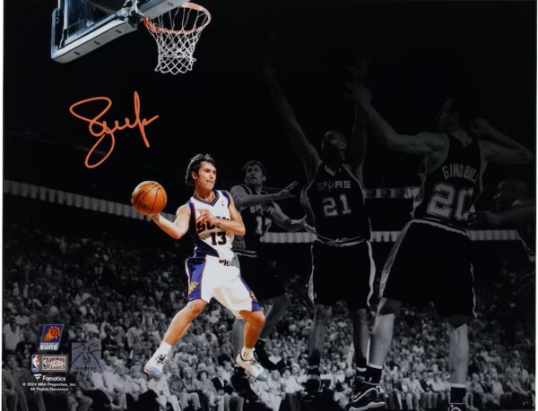 Steve Nash Phoenix Suns Autographed 11" x 14" Passing vs. San Antonio Spurs Spotlight Photograph - Signed in Orange Ink