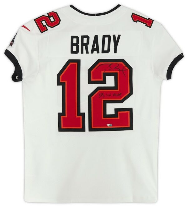 Tom Brady Tampa Bay Buccaneers Autographed Super Bowl LV Champions White Nike Elite Jersey with "SB LV MVP" Inscription