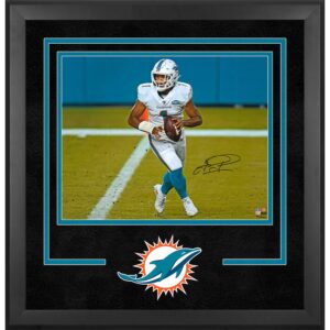 Tua Tagovailoa Miami Dolphins Autographed Deluxe Framed 16" x 20" White Jersey Rolling Out Photograph