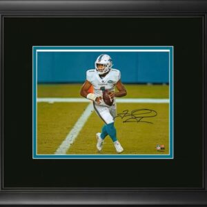 Tua Tagovailoa Miami Dolphins Framed Autographed 8" x 10" White Jersey Rolling Out Photograph