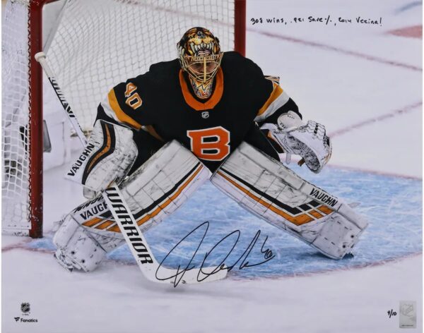 Tuukka Rask Boston Bruins Autographed 16" x 20" Black Alternate Jersey In Net Photograph with Multiple Inscriptions - Limited Edition #1/10