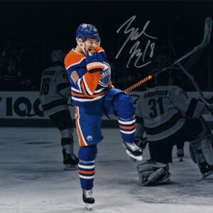 Zach Hyman Edmonton Oilers Autographed 16" x 20" Blue Jersey Celebrating Photograph