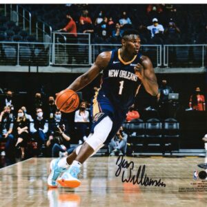 Zion Williamson New Orleans Pelicans Autographed 16" x 20" Dribbling in Navy Jersey Photograph